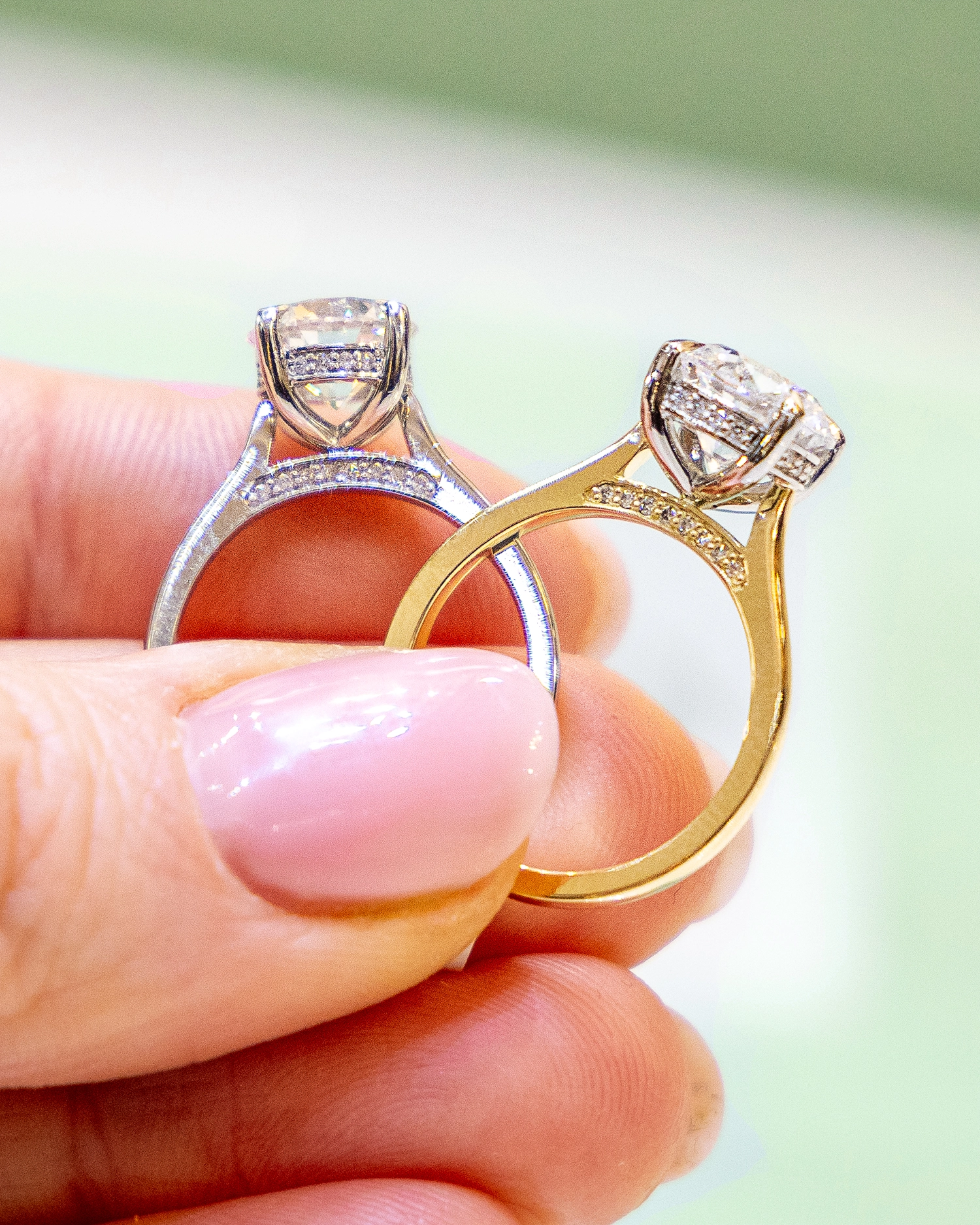 A mood board of engagement ring styles: minimalist, vintage, modern and statement